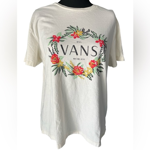 Vans Tops - Vans Cream Tee with Green and Black Floral Design
